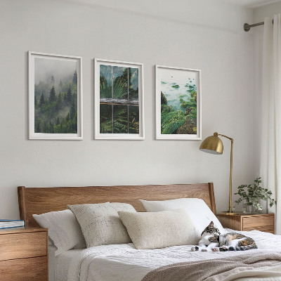 Three-piece wall art piece Forest fog river bank greenhouse
