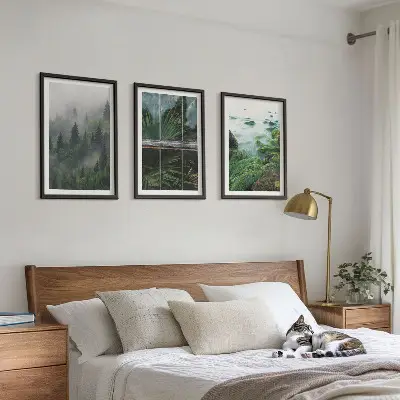 Three-piece wall art set forest fog river bank design