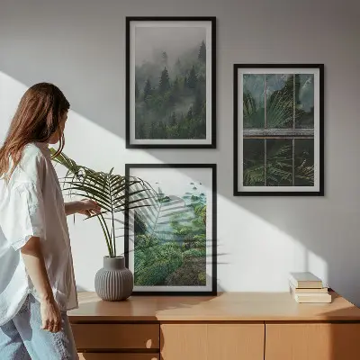 Three-piece wall art set forest fog river bank design