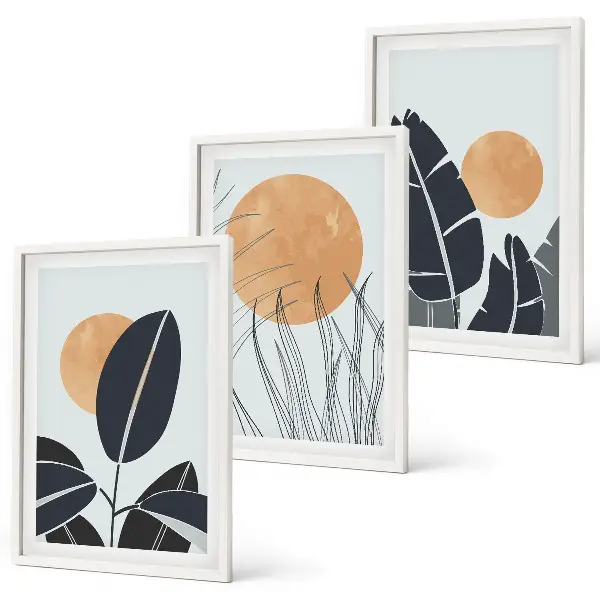 Set of 3 framed wall art pieces minimalist large sun plant patterns
