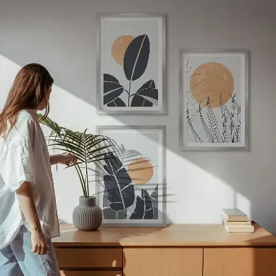 Set of 3 framed wall art pieces minimalist large sun plant patterns