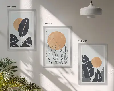 Set of 3 framed wall art pieces minimalist large sun plant patterns