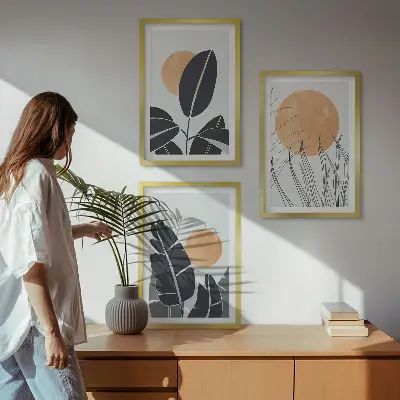 Set of 3 framed wall art pieces minimalist large sun plant patterns