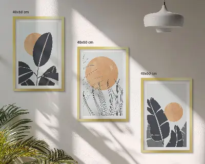 Set of 3 framed wall art pieces minimalist large sun plant patterns