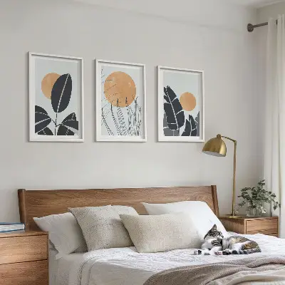 Set of 3 framed wall art pieces minimalist large sun plant patterns