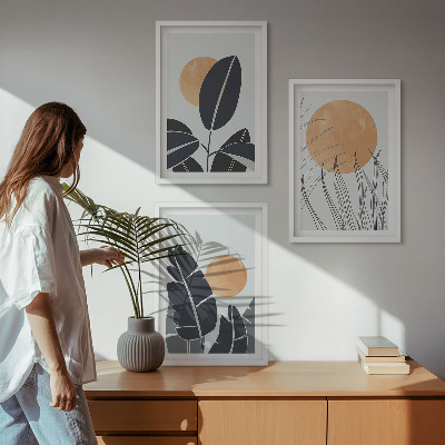 Set of 3 framed wall art pieces Plant patterns large suns minimalist