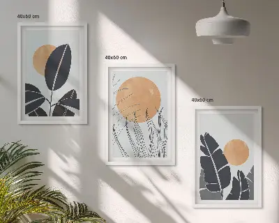 Set of 3 framed wall art pieces minimalist large sun plant patterns