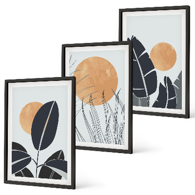 Set of 3 framed wall art pieces Plant patterns large suns minimalist