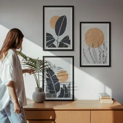 Set of 3 framed wall art pieces minimalist large sun plant patterns