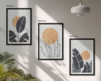 Set of 3 framed wall art pieces Plant patterns large suns minimalist