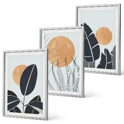Set of 3 framed wall art pieces minimalist large sun plant patterns