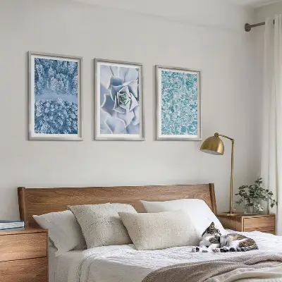 Winter Forest Wall Art Set featuring blue floral watercolor accents