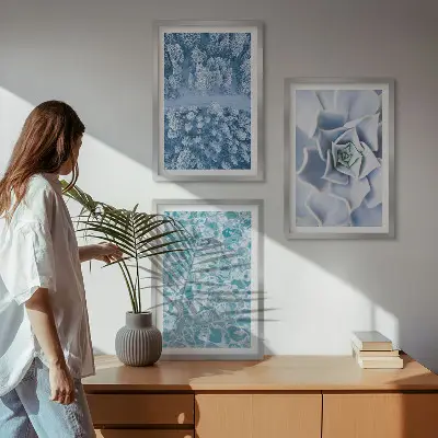 Winter Forest Wall Art Set featuring blue floral watercolor accents