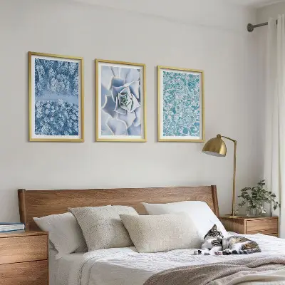 Winter Forest Wall Art Set featuring blue floral watercolor accents
