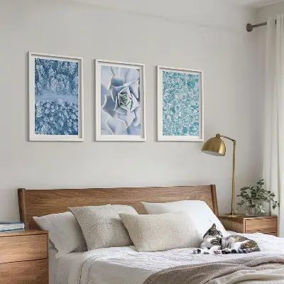 Winter Forest Wall Art Set featuring blue floral watercolor accents