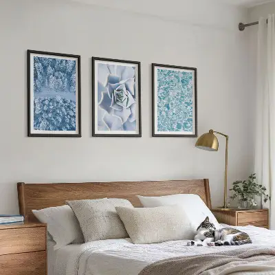 Winter Forest Wall Art Set featuring blue floral watercolor accents