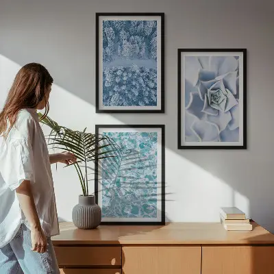 Winter Forest Wall Art Set featuring blue floral watercolor accents
