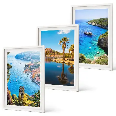 Three-piece seaside palm trees wall art with blue water view