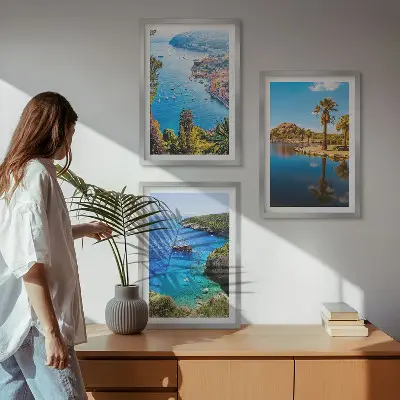 Three-piece seaside palm trees wall art with blue water view