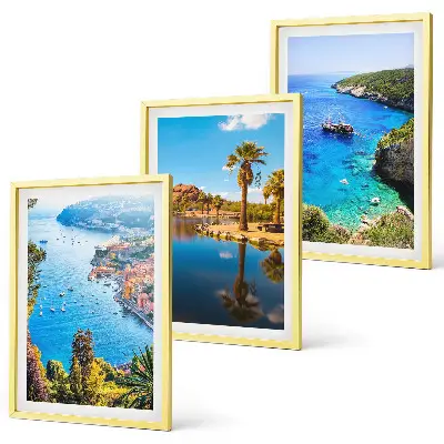 Three-piece seaside palm trees wall art with blue water view