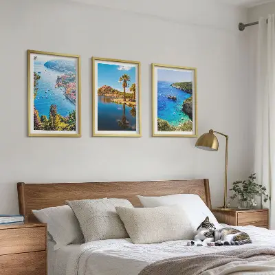 Three-piece seaside palm trees wall art with blue water view