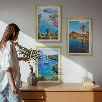 Three-piece seaside palm trees wall art with blue water view