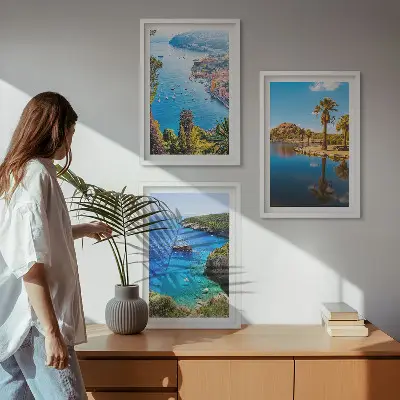 Three-piece seaside palm trees wall art with blue water view