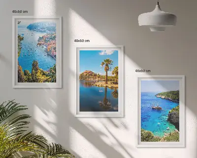 Three-piece seaside palm trees wall art with blue water view