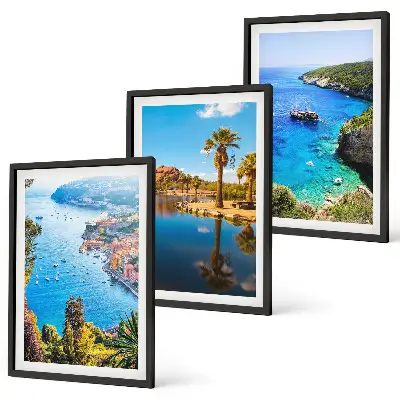 Three-piece seaside palm trees wall art with blue water view