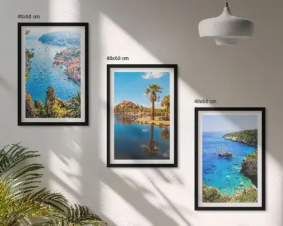 Three-piece seaside palm trees wall art with blue water view