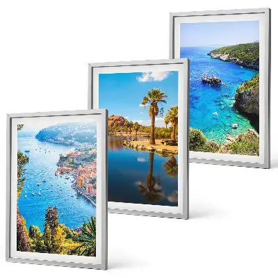 Three-piece seaside palm trees wall art with blue water view