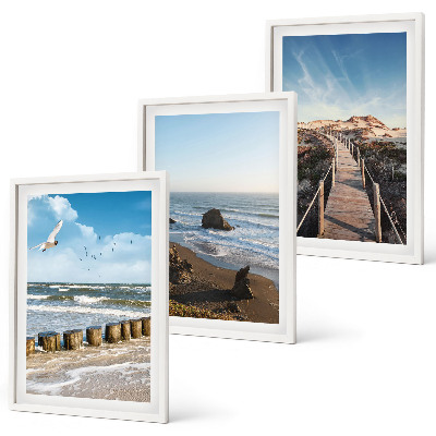 Set of 3 framed wall art pieces beach waves sky pier walk
