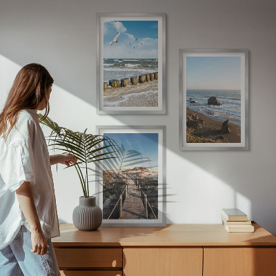 Set of 3 framed wall art pieces beach waves sky pier walk