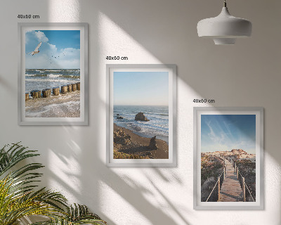 Set of 3 framed wall art pieces beach waves sky pier walk