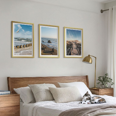 Set of 3 framed wall art pieces beach waves sky pier walk