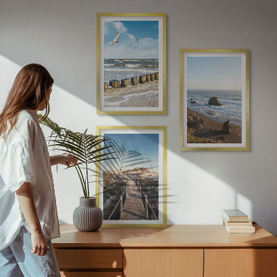 Set of 3 framed wall art pieces beach waves sky pier walk