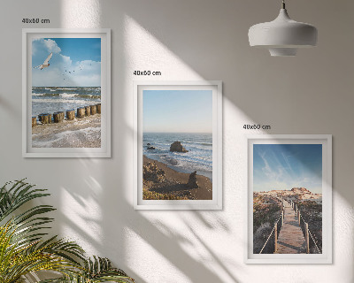 Set of 3 framed wall art pieces beach waves sky pier walk