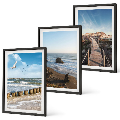 Set of 3 framed wall art pieces beach waves sky pier walk