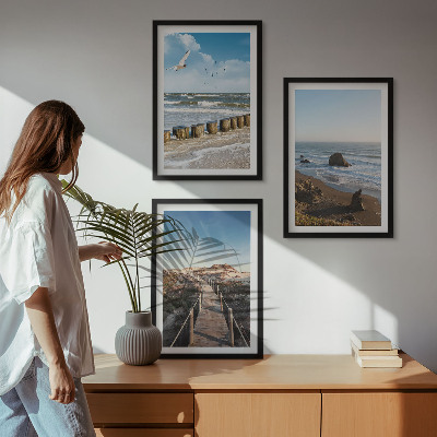 Set of 3 framed wall art pieces beach waves sky pier walk