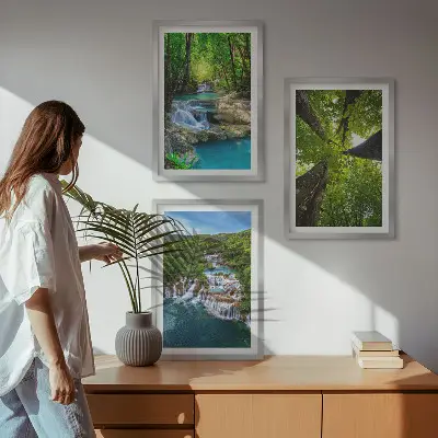 Wall art set waterfalls in a green forest