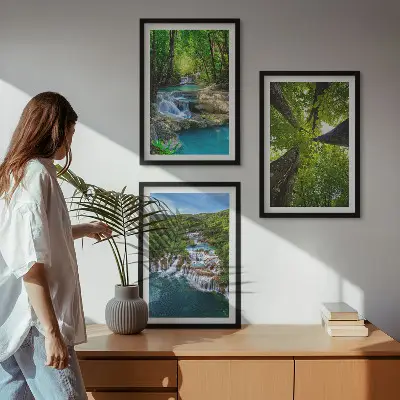 Wall art set waterfalls in a green forest