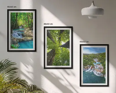 Wall art set waterfalls in a green forest