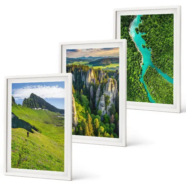 Three-piece wall art set featuring green mountains and river rocks