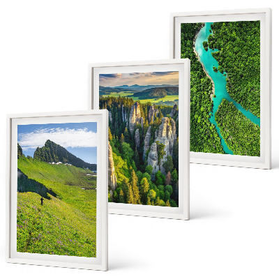 Three-piece wall art piece Green mountains river rocks