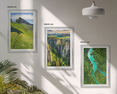 Three-piece wall art piece Green mountains river rocks