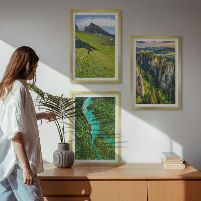 Three-piece wall art piece Green mountains river rocks