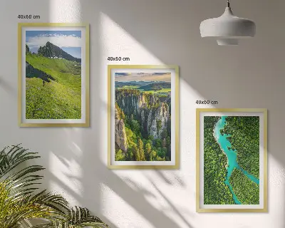 Three-piece wall art set featuring green mountains and river rocks