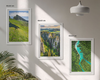 Three-piece wall art piece Green mountains river rocks