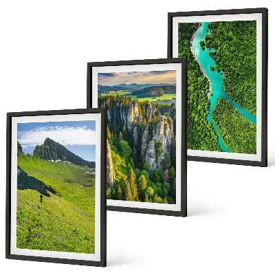 Three-piece wall art set featuring green mountains and river rocks