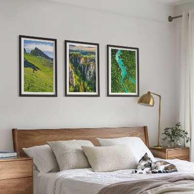 Three-piece wall art piece Green mountains river rocks